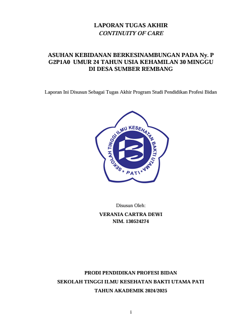 ASUHAN KEBIDANAN BERKESINAMBUNGAN PADA Ny. P  G2P1A0  UMUR 24 TAHUN USIA KEHAMILAN 30 MINGGU  DI DESA SUMBER REMBANG